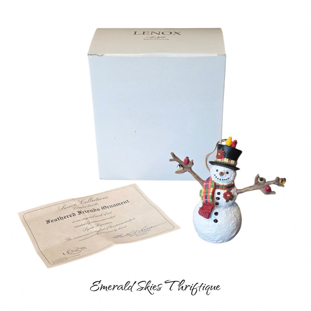 Lenox Feathered Friends Christmas Snowman Lynn Bywaters Ornament box paperwork
